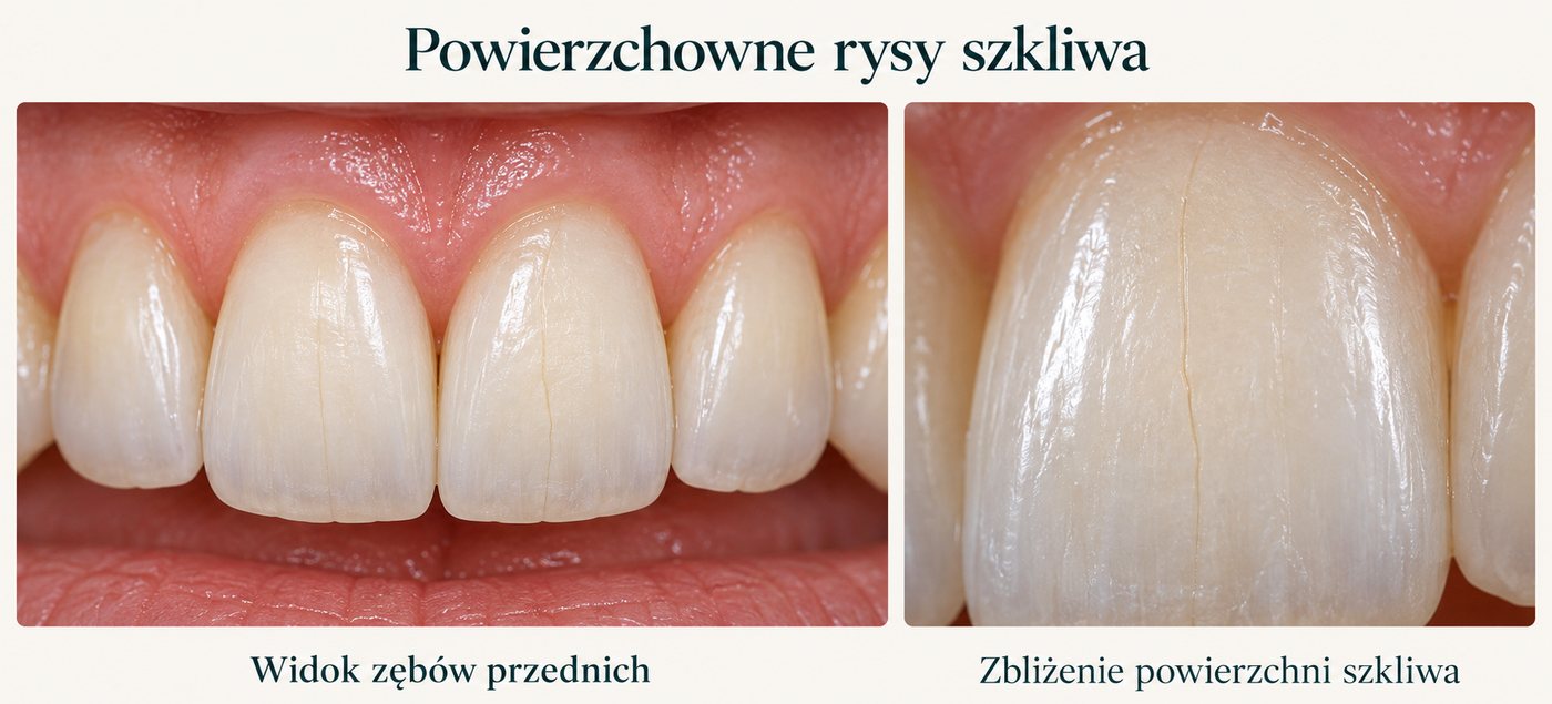 Dwa zbliżenia górnych zębów przednich z cienką, pionową rysą widoczną tylko na powierzchni szkliwa: po lewej widok czterech zębów przednich, po prawej powiększona powierzchnia jednego zęba